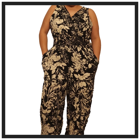 Pants - Floral V-Neck Smocked Waist Jumpsuit